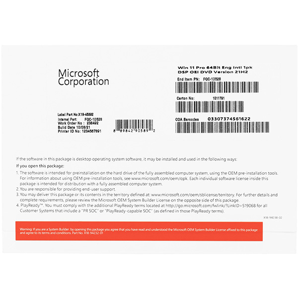 Microsoft Windows 11 Pro OEM DVD 64-bit FQC-10528